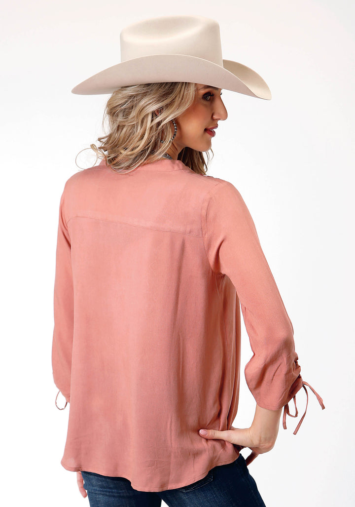 WOMENS LONG SLEEVE DK CORAL SOLID RAYON PEASANT BLOUSE