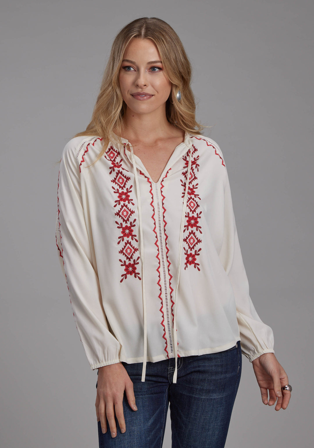 WOMENS POLY CREPE PEASANT BLOUSE LONG SLEEVE PULLOVER WESTERN SHIRT