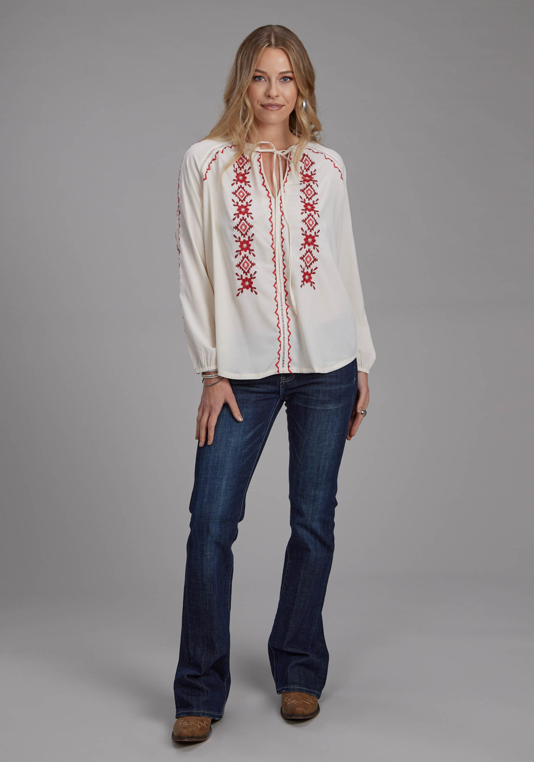 WOMENS POLY CREPE PEASANT BLOUSE LONG SLEEVE PULLOVER WESTERN SHIRT