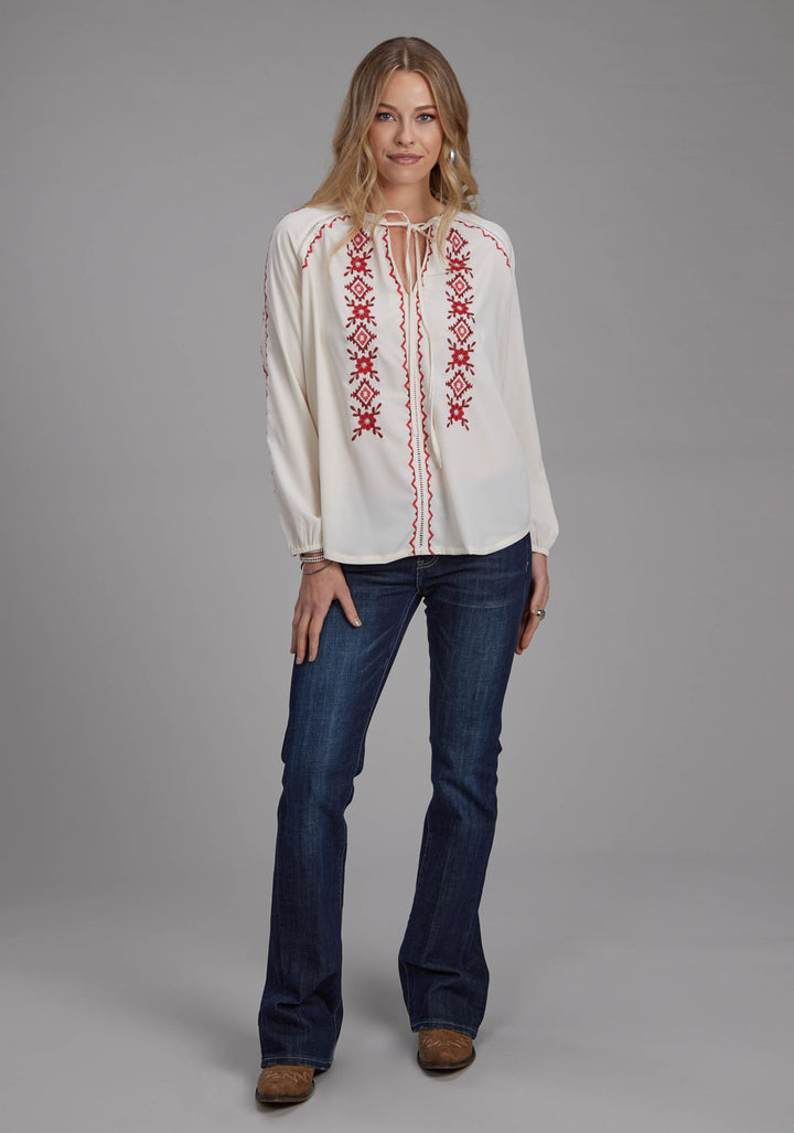 WOMENS POLY CREPE PEASANT BLOUSE LONG SLEEVE PULLOVER WESTERN SHIRT
