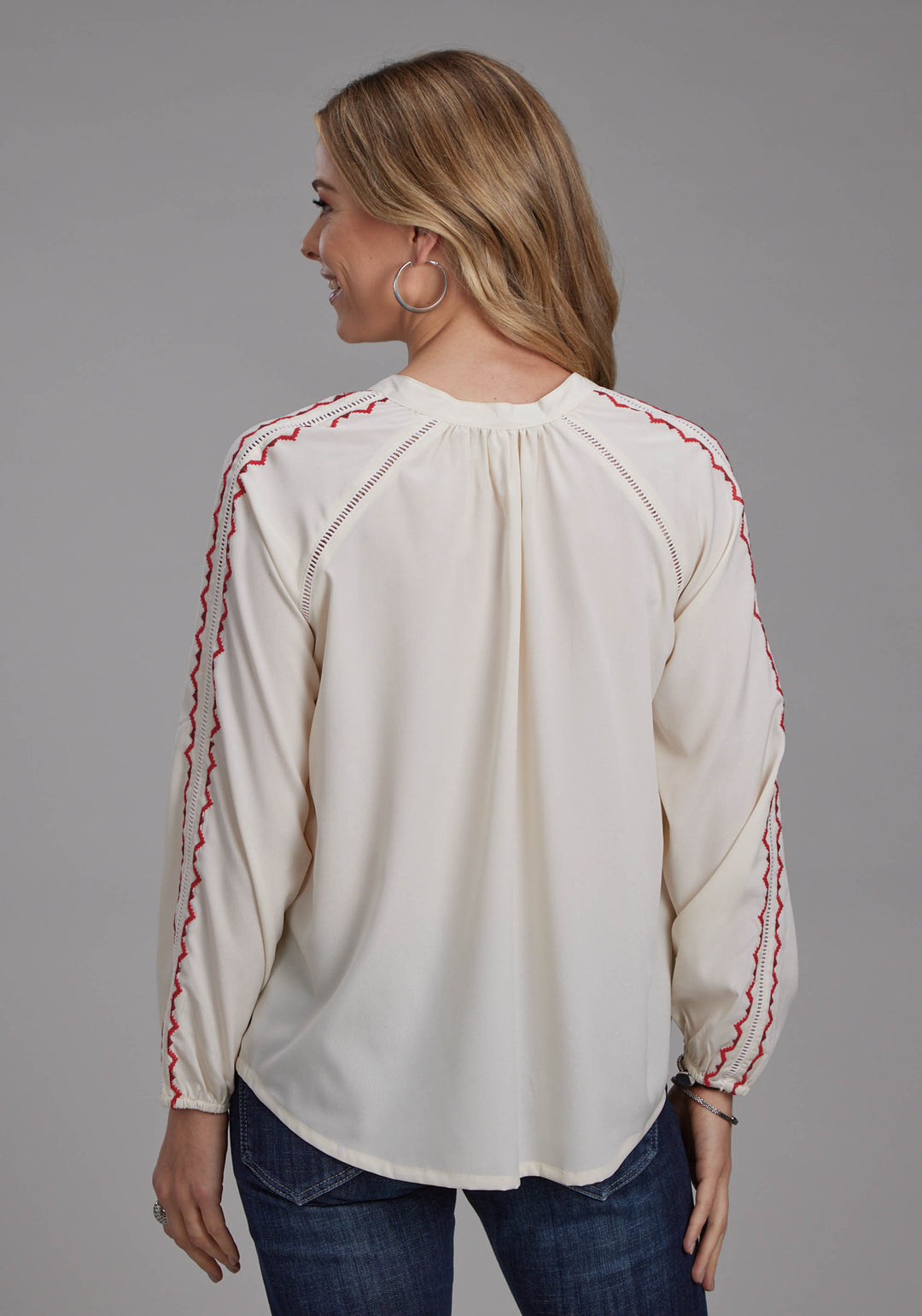 WOMENS POLY CREPE PEASANT BLOUSE LONG SLEEVE PULLOVER WESTERN SHIRT