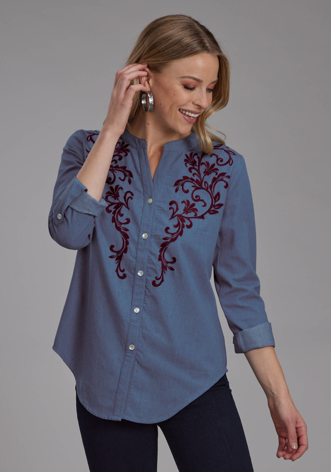 WOMENS MEDIUM BLUE DENIM BLOUSE LONG SLEEVE BUTTON WESTERN SHIRT