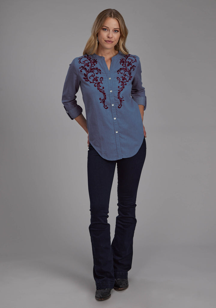 WOMENS MEDIUM BLUE DENIM BLOUSE LONG SLEEVE BUTTON WESTERN SHIRT