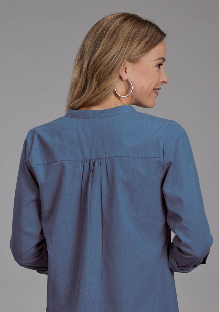 WOMENS MEDIUM BLUE DENIM BLOUSE LONG SLEEVE BUTTON WESTERN SHIRT