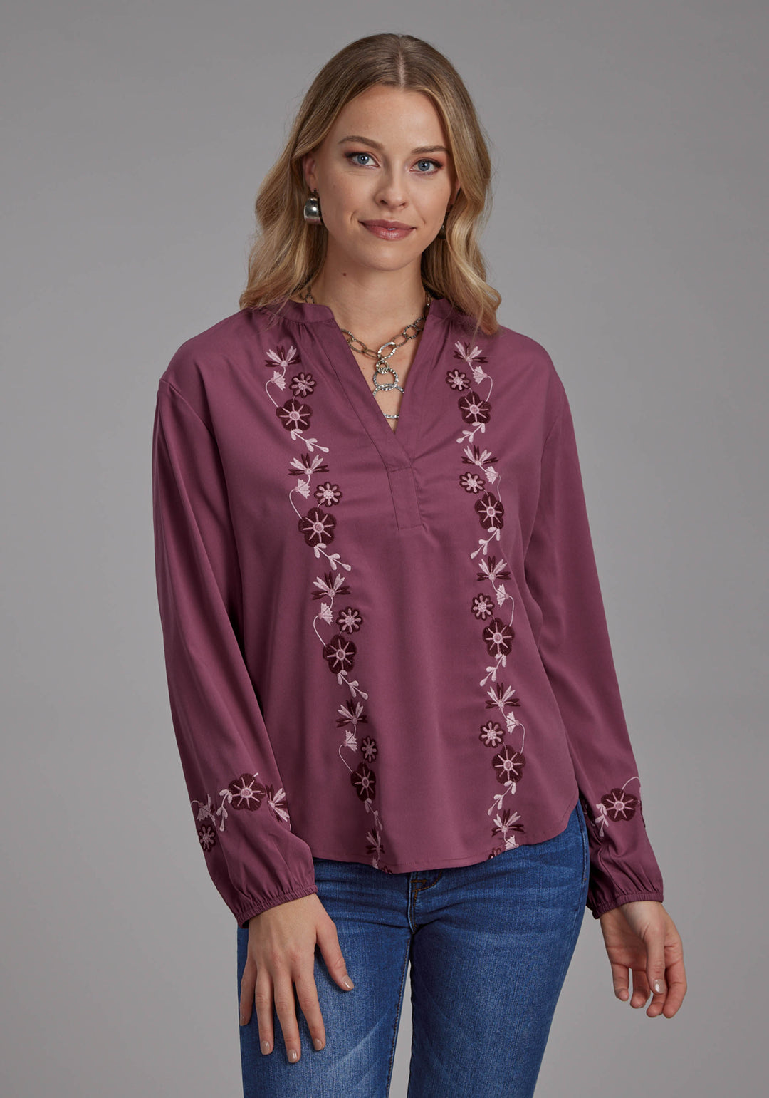 WOMENS POLY CREPE V NECK PEASANT BLOUSE LONG SLEEVE PULLOVER WESTERN SHIRT