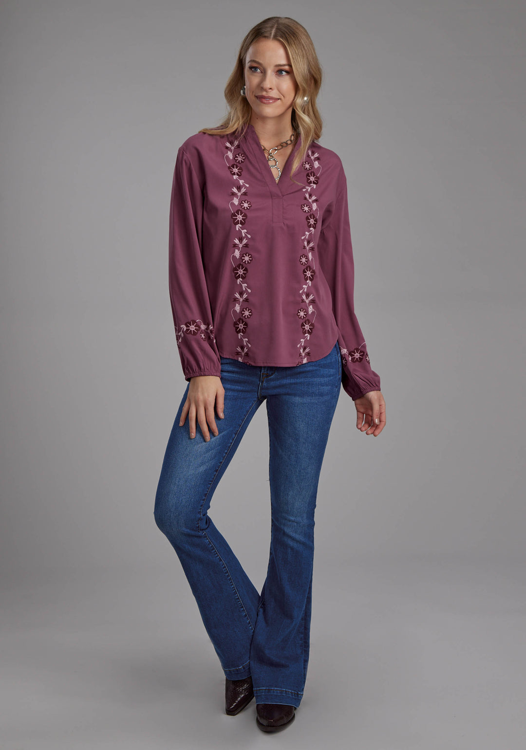 WOMENS POLY CREPE V NECK PEASANT BLOUSE LONG SLEEVE PULLOVER WESTERN SHIRT