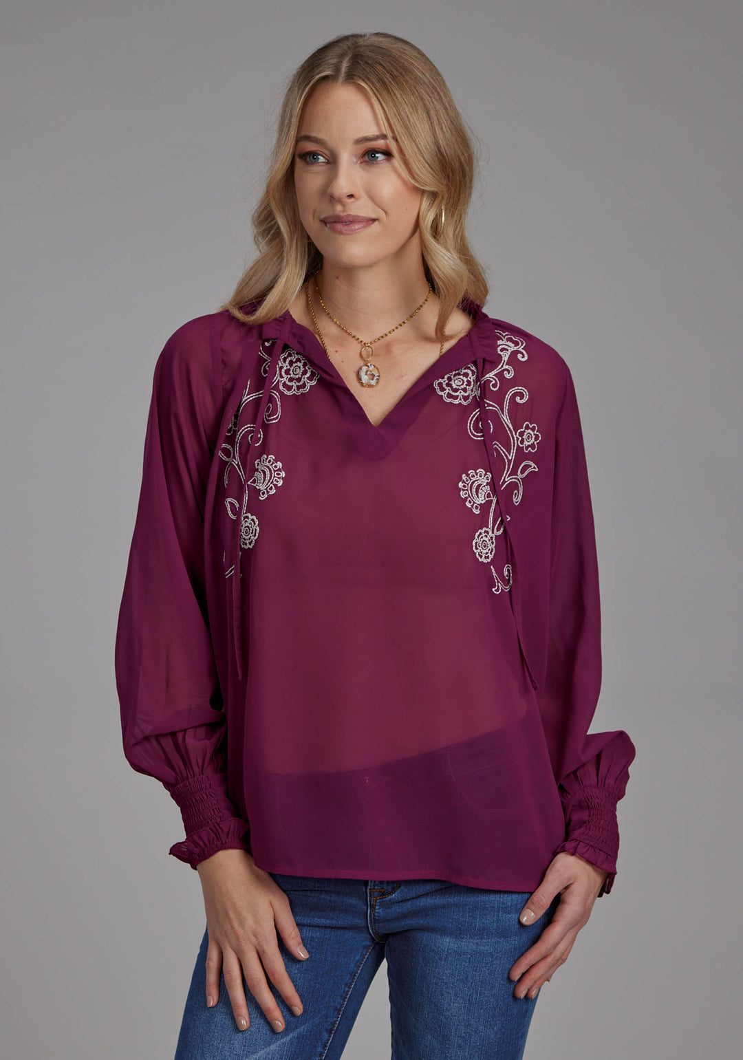 WOMENS POLY GEORGETTE V NECK BLOUSE LONG SLEEVE PULLOVER WESTERN SHIRT