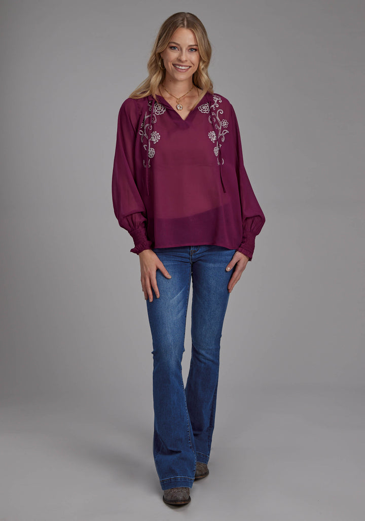 WOMENS POLY GEORGETTE V NECK BLOUSE LONG SLEEVE PULLOVER WESTERN SHIRT