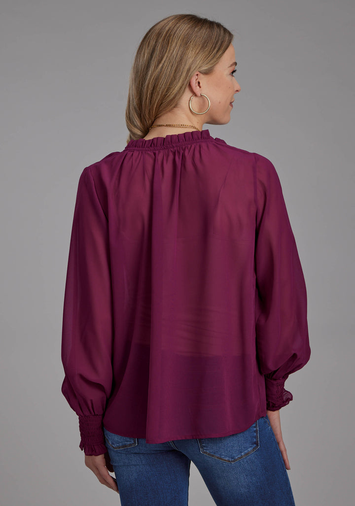 WOMENS POLY GEORGETTE V NECK BLOUSE LONG SLEEVE PULLOVER WESTERN SHIRT