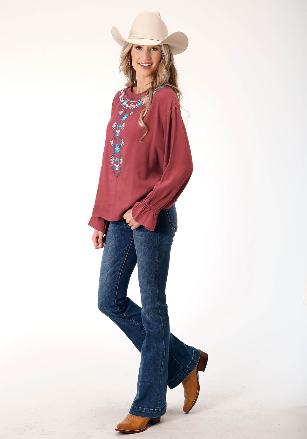 WOMENS LONG SLEEVE BARN RED SOLID RAYON  BLOUSE