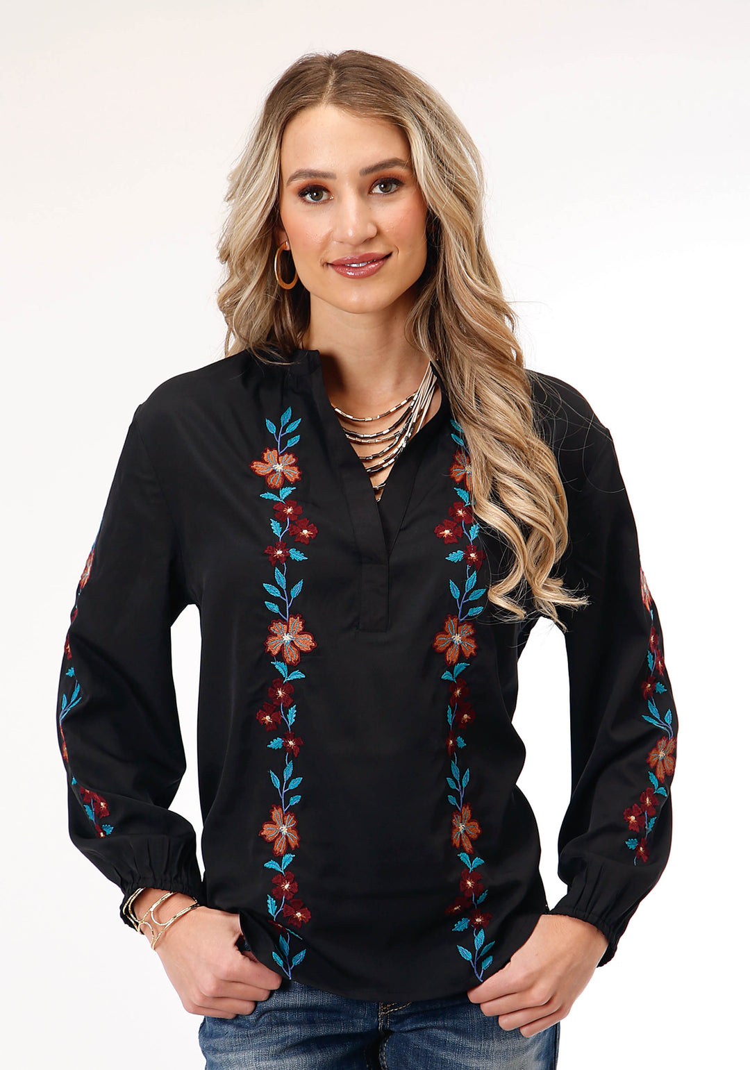 WOMENS LONG SLEEVE BLACK POLY VNECK PEASANT  BLOUSE