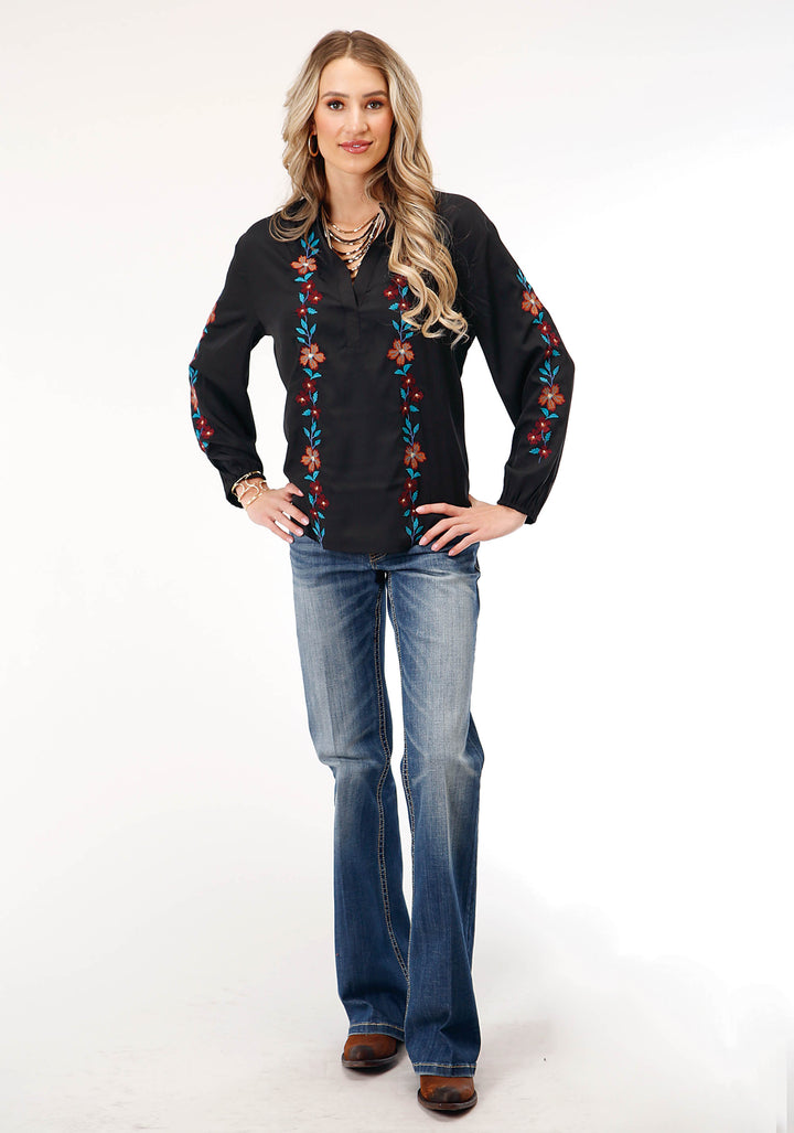WOMENS LONG SLEEVE BLACK POLY VNECK PEASANT  BLOUSE