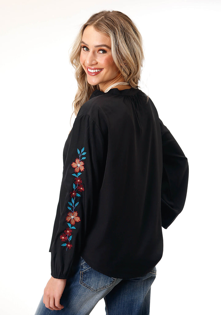 WOMENS LONG SLEEVE BLACK POLY VNECK PEASANT  BLOUSE