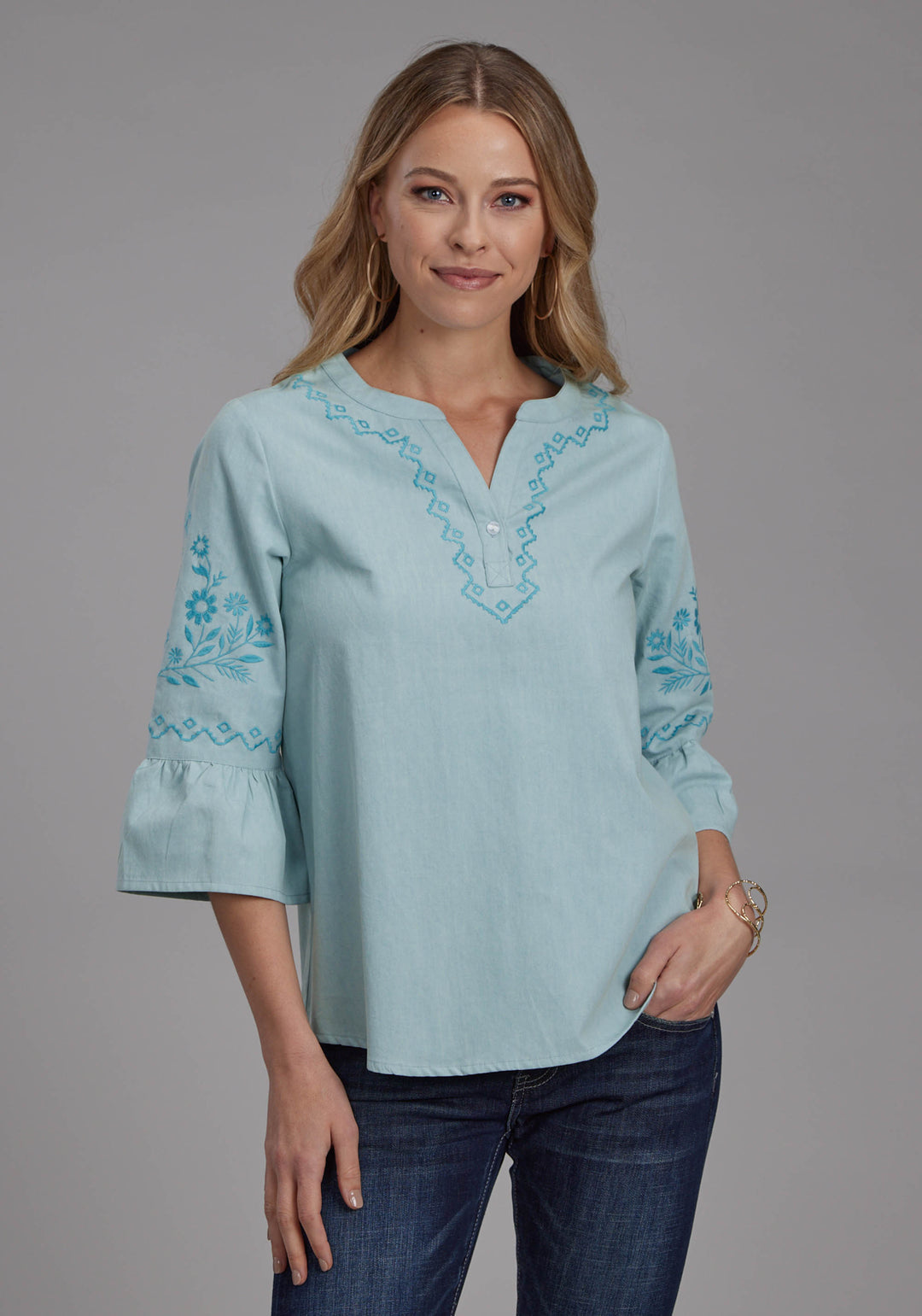 WOMENS LIGHT BLUE DENIM PEASANT BLOUSE LONG SLEEVE PULLOVER WESTERN SHIRT