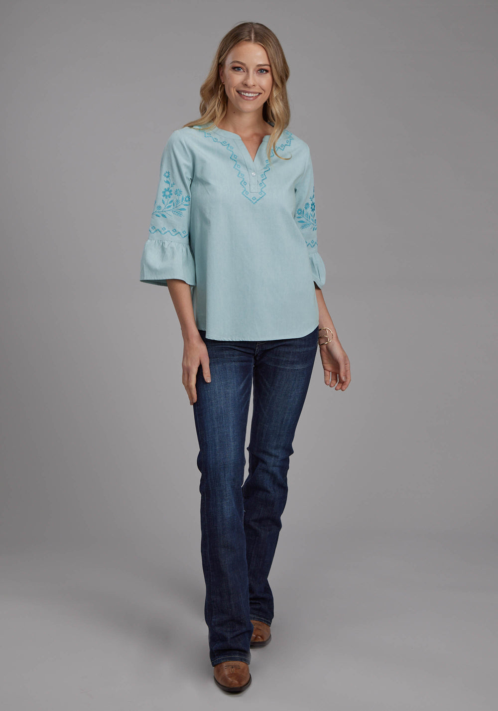WOMENS LIGHT BLUE DENIM PEASANT BLOUSE LONG SLEEVE PULLOVER WESTERN SHIRT