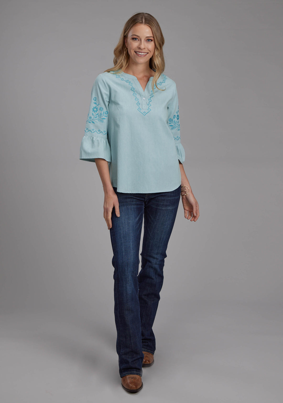 WOMENS LIGHT BLUE DENIM PEASANT BLOUSE LONG SLEEVE PULLOVER WESTERN SHIRT