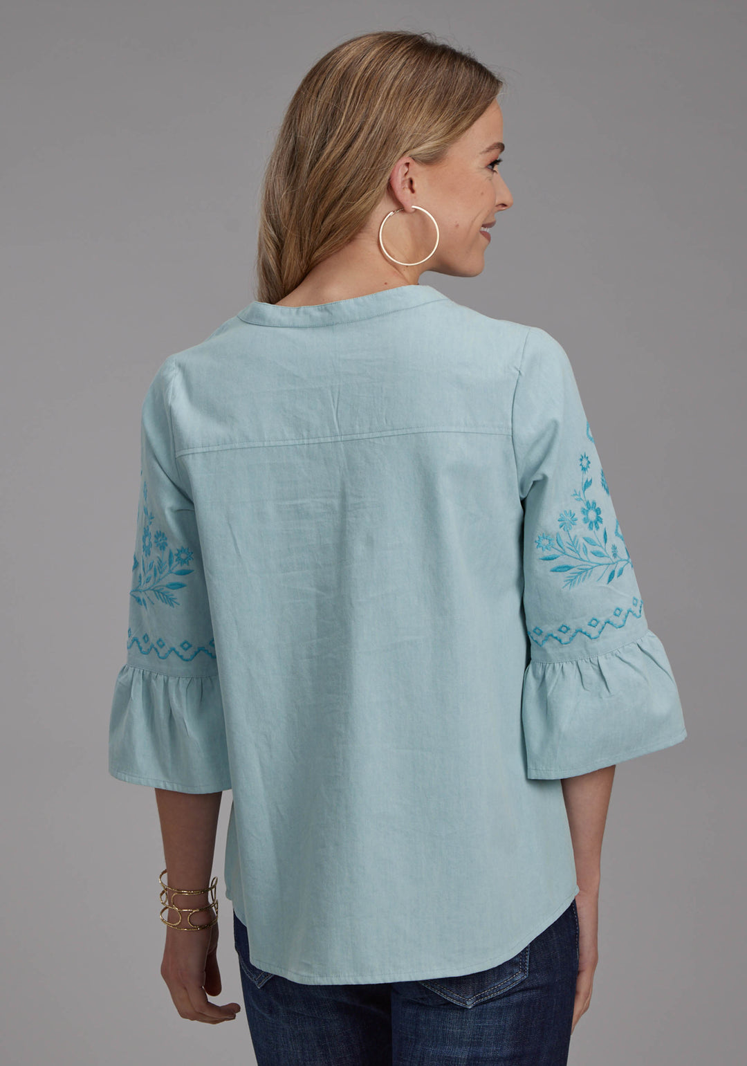 WOMENS LIGHT BLUE DENIM PEASANT BLOUSE LONG SLEEVE PULLOVER WESTERN SHIRT