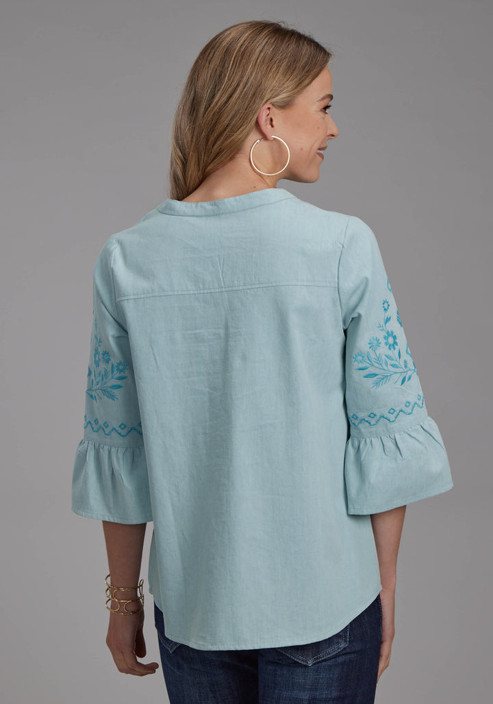 WOMENS LIGHT BLUE DENIM PEASANT BLOUSE LONG SLEEVE PULLOVER WESTERN SHIRT