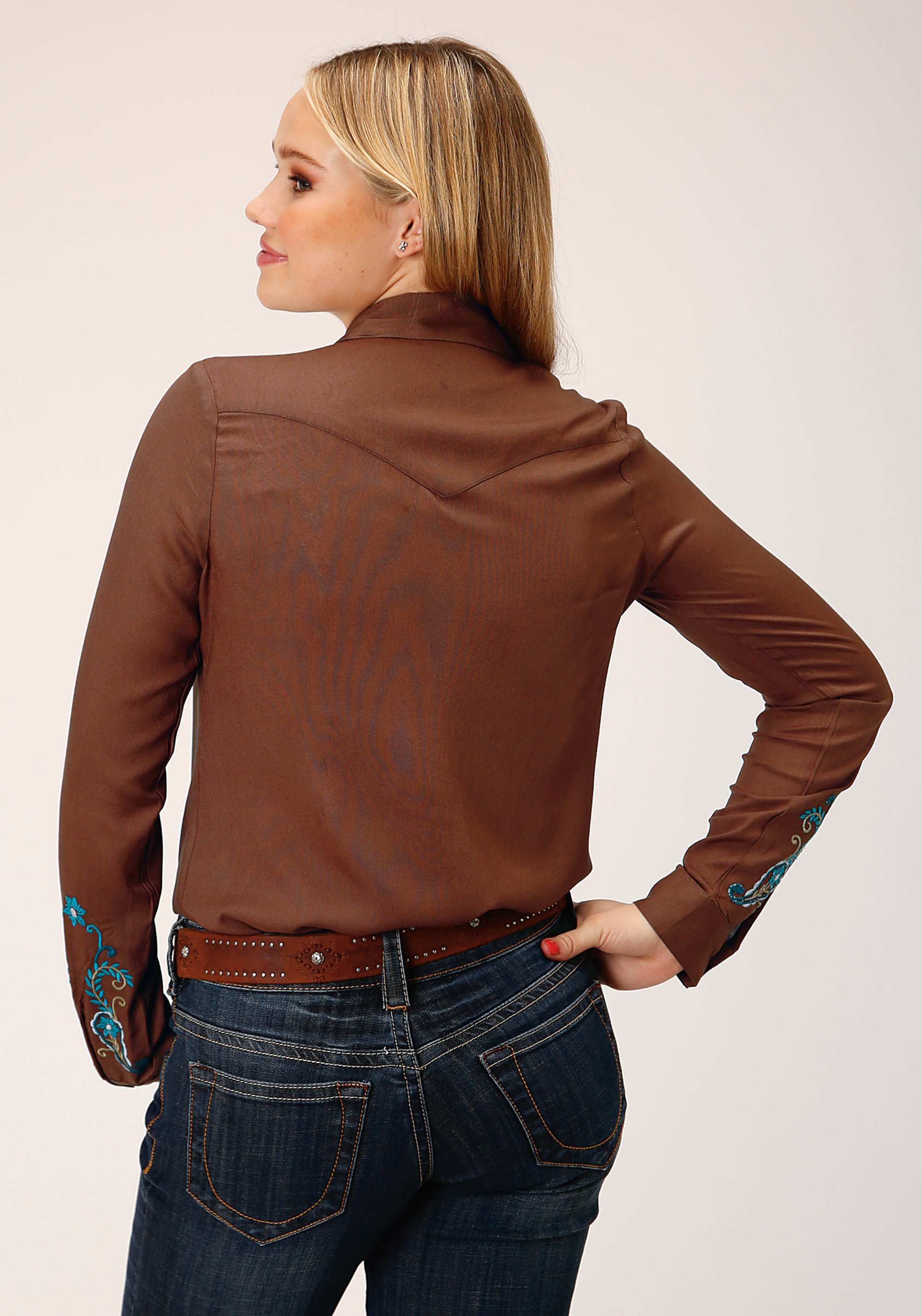 WOMENS LONG SLEEVE SNAP SOLID BROWN RAYON SHIRT WESTERN