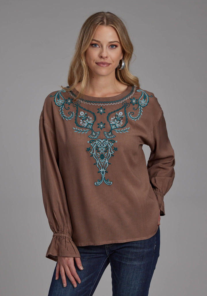 WOMENS RAYON BOAT NECK BLOUSE LONG SLEEVE PULLOVER WESTERN SHIRT