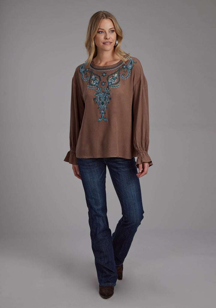 WOMENS RAYON BOAT NECK BLOUSE LONG SLEEVE PULLOVER WESTERN SHIRT