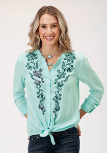 WOMENS LONG SLEEVE SOLID AQUA RAYON  BLOUSE