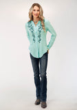 WOMENS LONG SLEEVE SOLID AQUA RAYON  BLOUSE