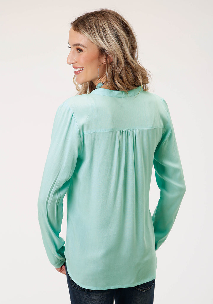 WOMENS LONG SLEEVE SOLID AQUA RAYON  BLOUSE
