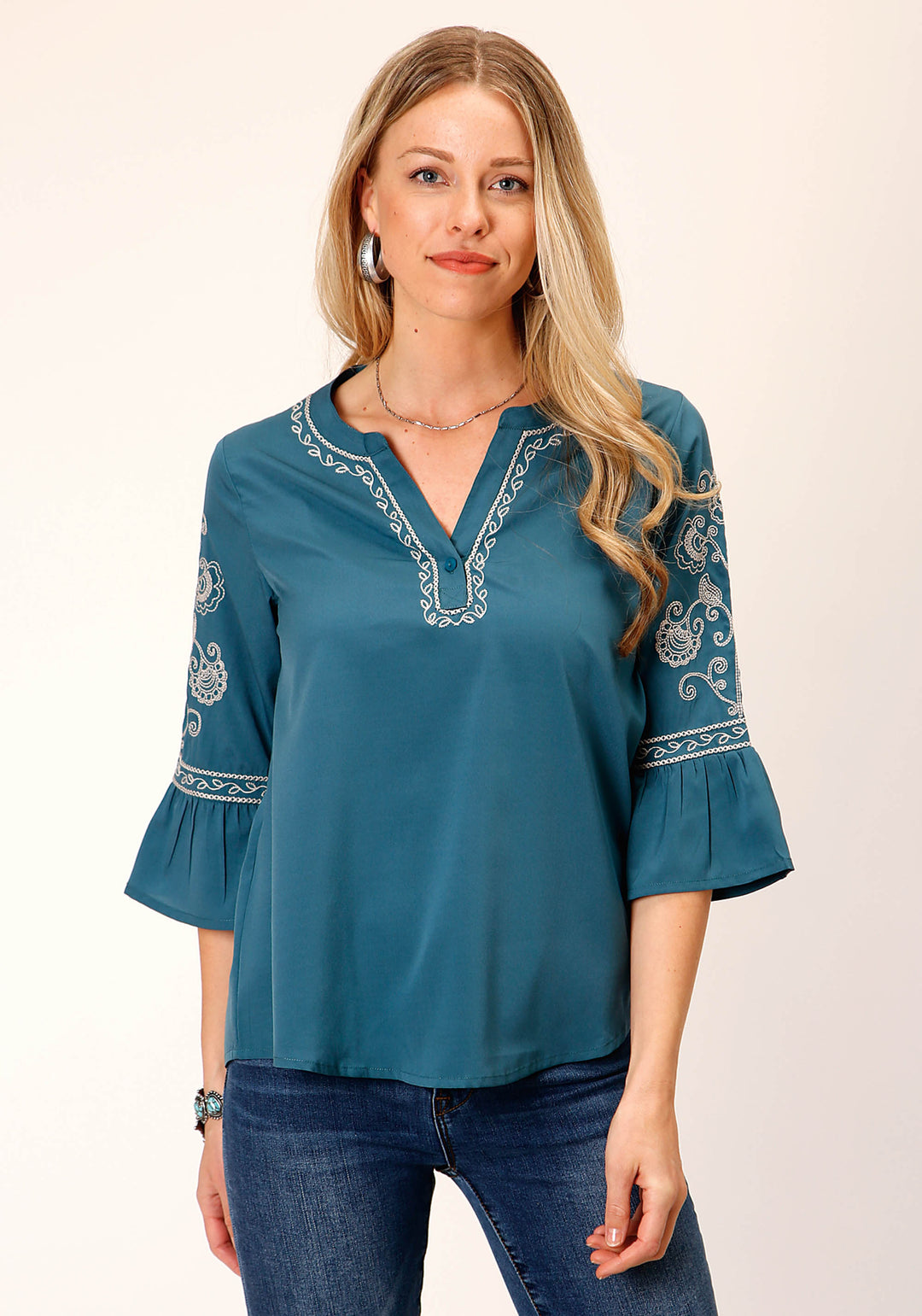 WOMENS LONG SLEEVE SOLID TEAL POLY PEASANT  BLOUSE