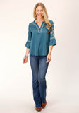 WOMENS LONG SLEEVE SOLID TEAL POLY PEASANT  BLOUSE