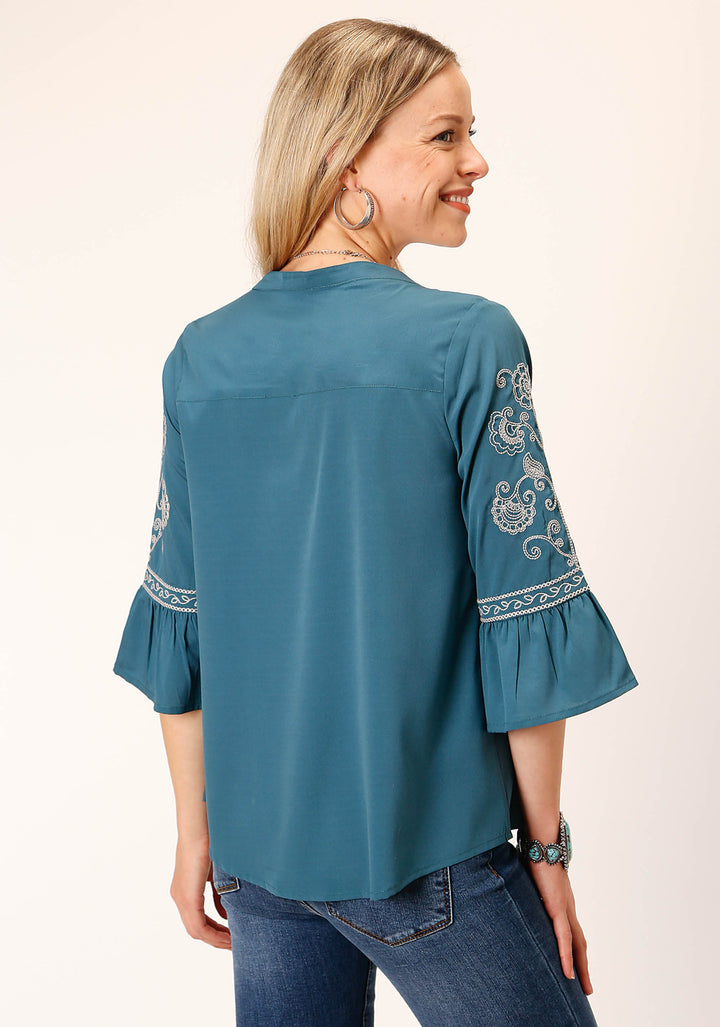 WOMENS LONG SLEEVE SOLID TEAL POLY PEASANT  BLOUSE