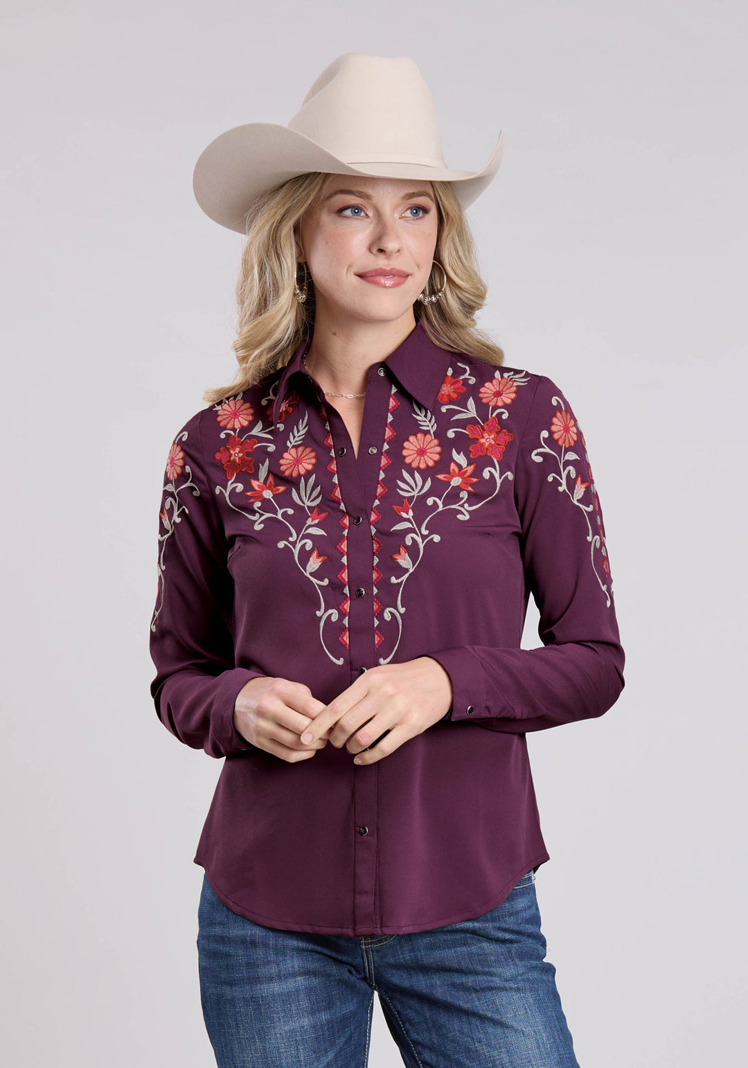 WOMENS LONG SLEEVE SNAP PLUM SOLID POLY CREPE BLOUSE WESTERN SHIRT