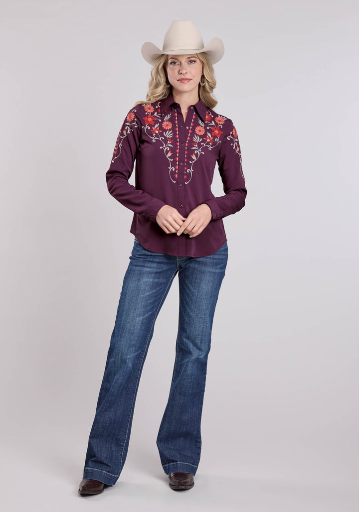 WOMENS LONG SLEEVE SNAP PLUM SOLID POLY CREPE BLOUSE WESTERN SHIRT