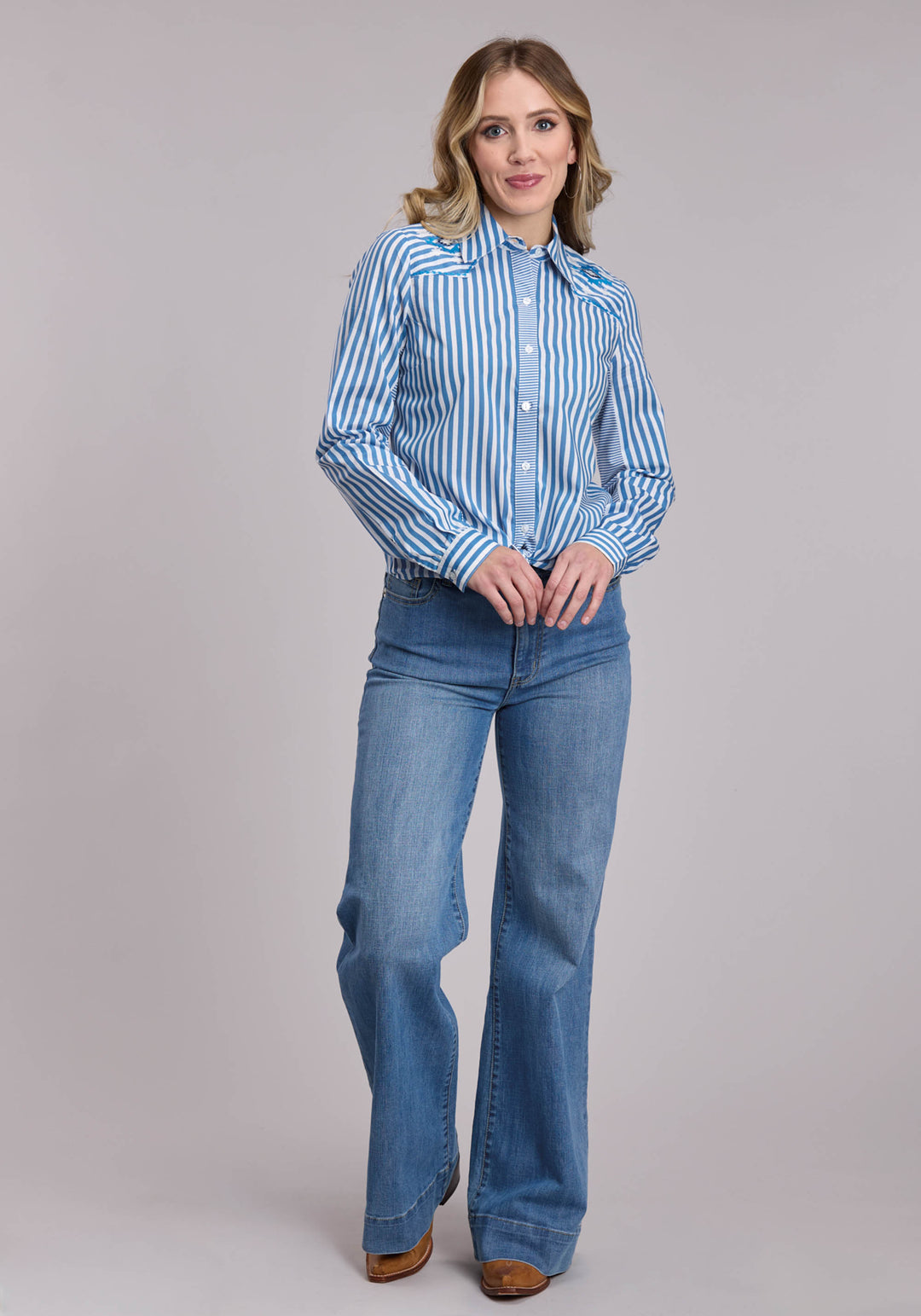 WOMENS ROPER STRIPED COTTON CAMBRIC WESTERN BUTTON UP SHIRT