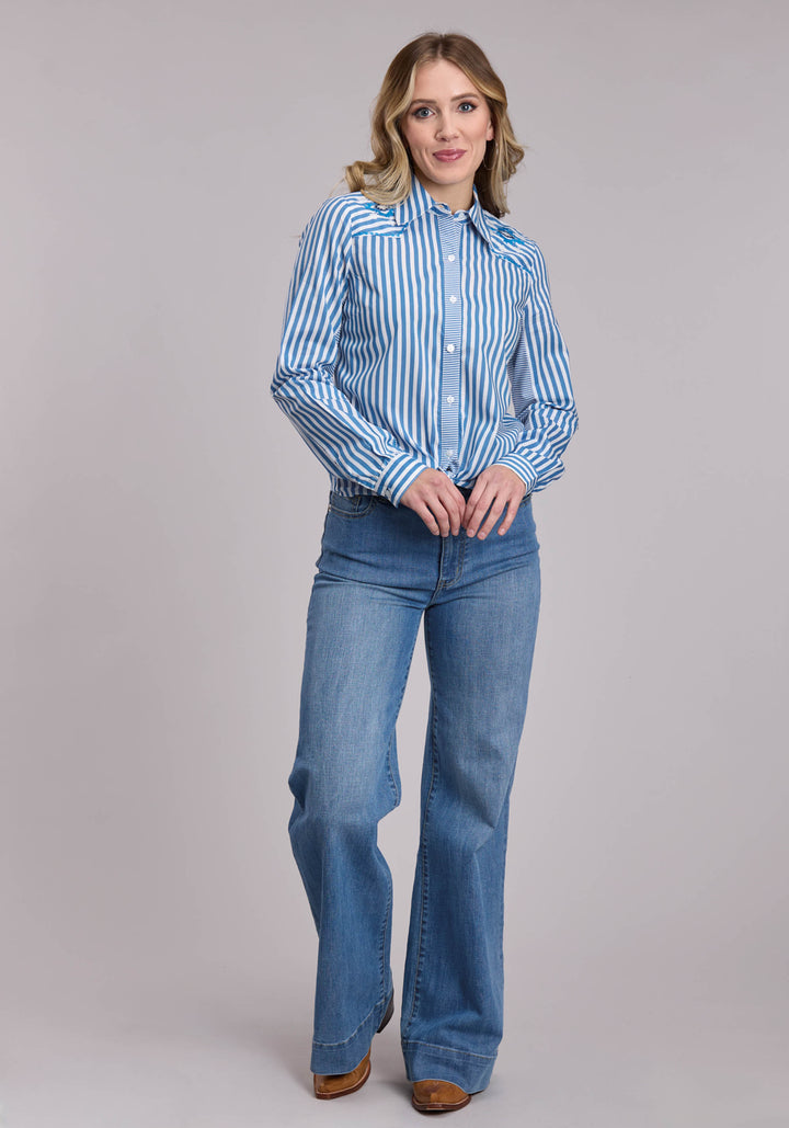 WOMENS ROPER STRIPED COTTON CAMBRIC WESTERN BUTTON UP SHIRT
