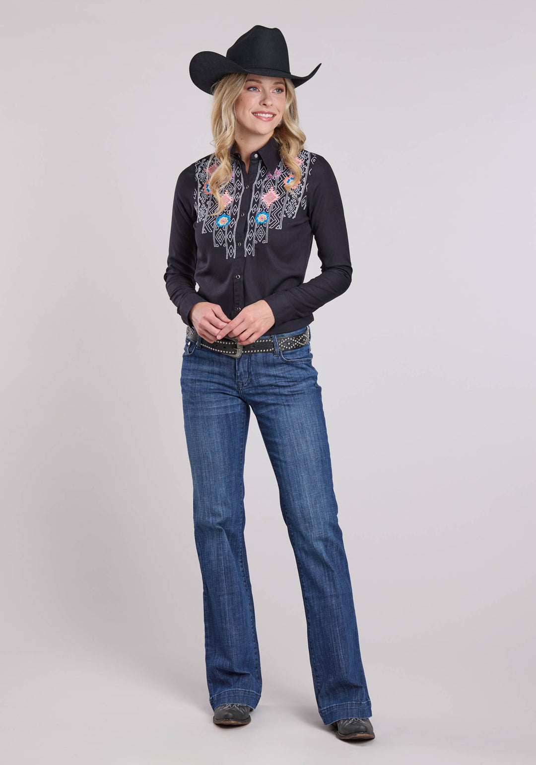 WOMENS LONG SLEEVE SNAP BLACK RAYON WESTERN SHIRT