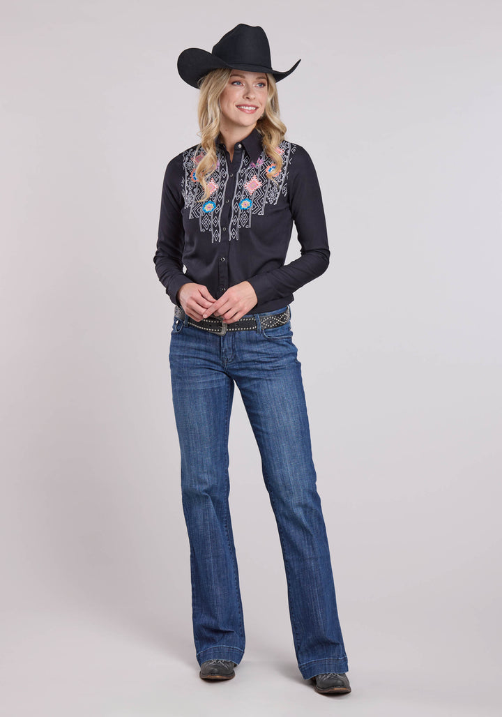 WOMENS LONG SLEEVE SNAP BLACK RAYON WESTERN SHIRT