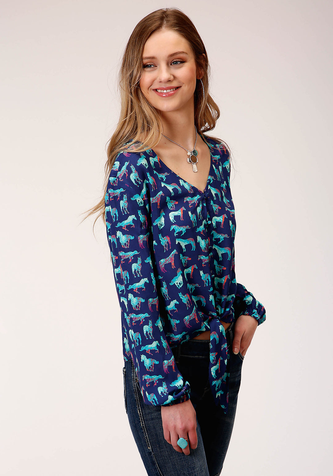 WOMENS LONG SLEEVE PRINT RAYON LONG SLEEVE   BLOUSE