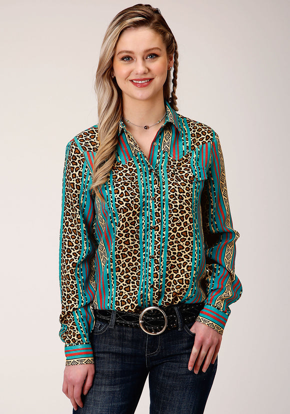 WOMENS LONG SLEEVE SNAP  LEOPARD STRIPE PRINT RAYON WESTERN SHIRT