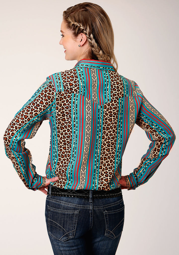 WOMENS LONG SLEEVE SNAP  LEOPARD STRIPE PRINT RAYON WESTERN SHIRT