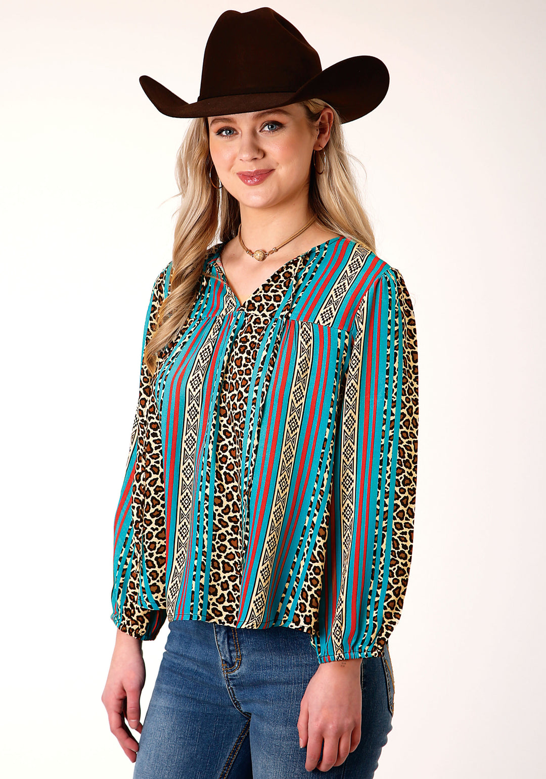 WOMENS LONG SLEEVE LEOPARD STRIPE PRINT RAYON BLOUSE