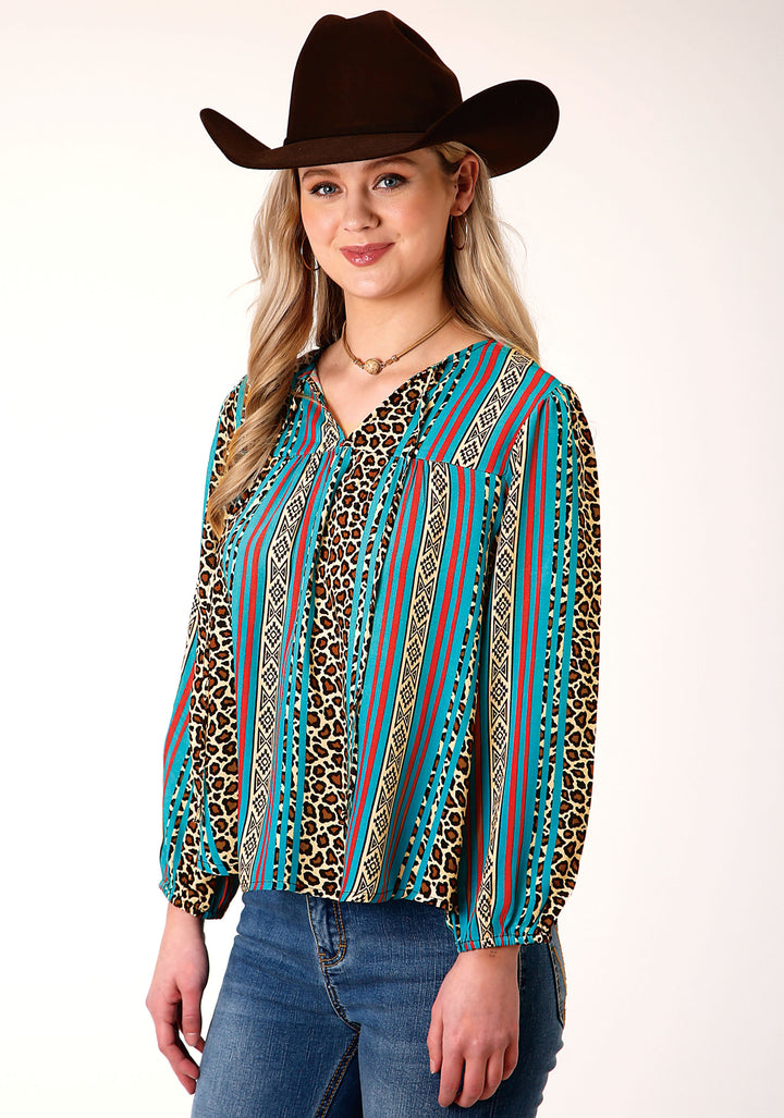 WOMENS LONG SLEEVE LEOPARD STRIPE PRINT RAYON BLOUSE