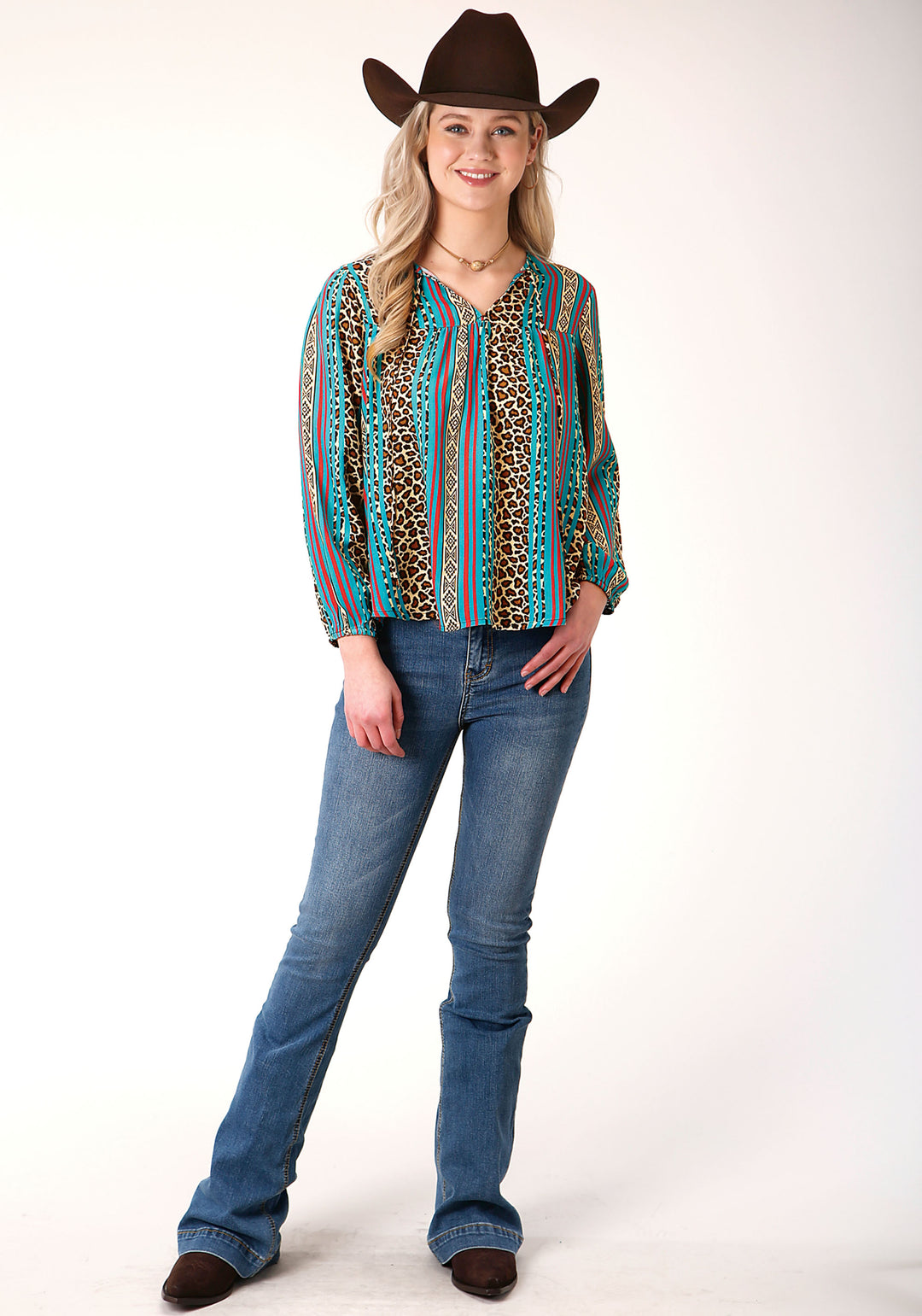 WOMENS LONG SLEEVE LEOPARD STRIPE PRINT RAYON BLOUSE