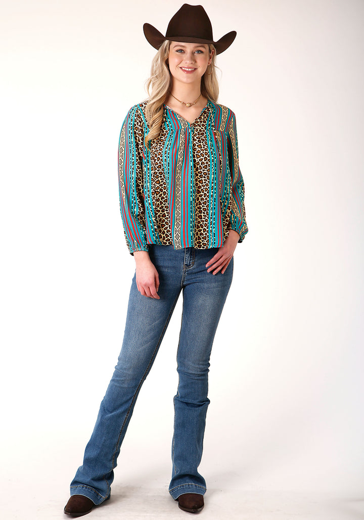 WOMENS LONG SLEEVE LEOPARD STRIPE PRINT RAYON BLOUSE
