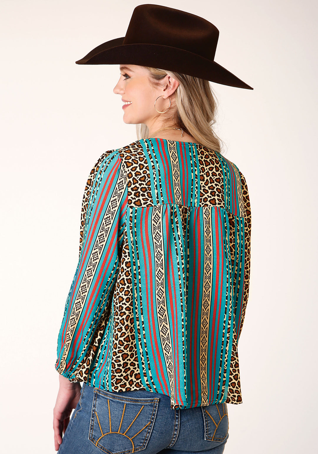 WOMENS LONG SLEEVE LEOPARD STRIPE PRINT RAYON BLOUSE