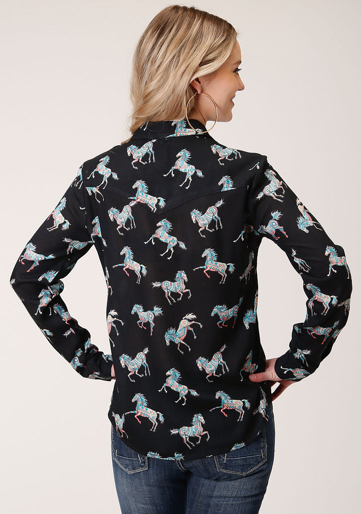 WOMENS LONG SLEEVE SNAP  WILD HORSE PRINT RAYON LONG SLEEVE   WESTERN SHIRT