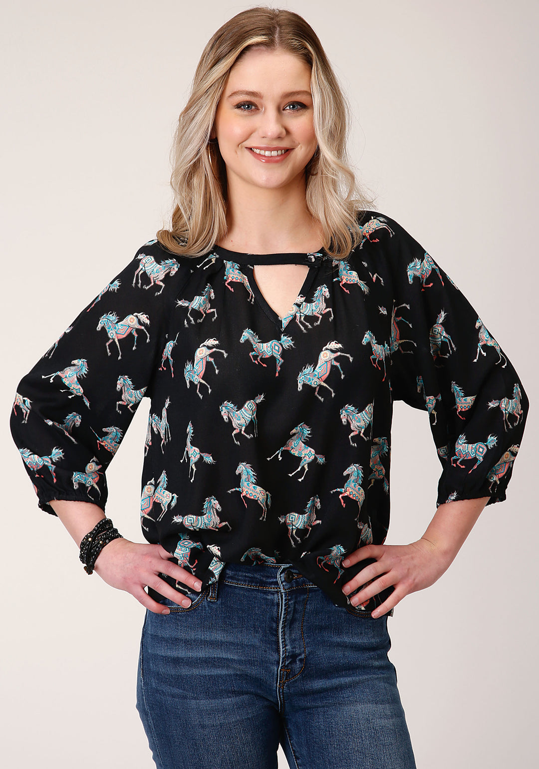 WOMENS LONG SLEEVE WILD HORSE PRINT RAYON LONG SLEEVE  BLOUSE