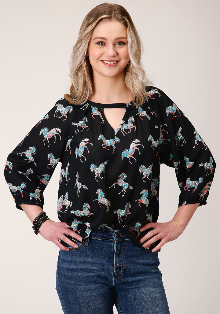 WOMENS LONG SLEEVE WILD HORSE PRINT RAYON LONG SLEEVE  BLOUSE