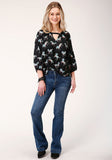 WOMENS LONG SLEEVE WILD HORSE PRINT RAYON LONG SLEEVE  BLOUSE