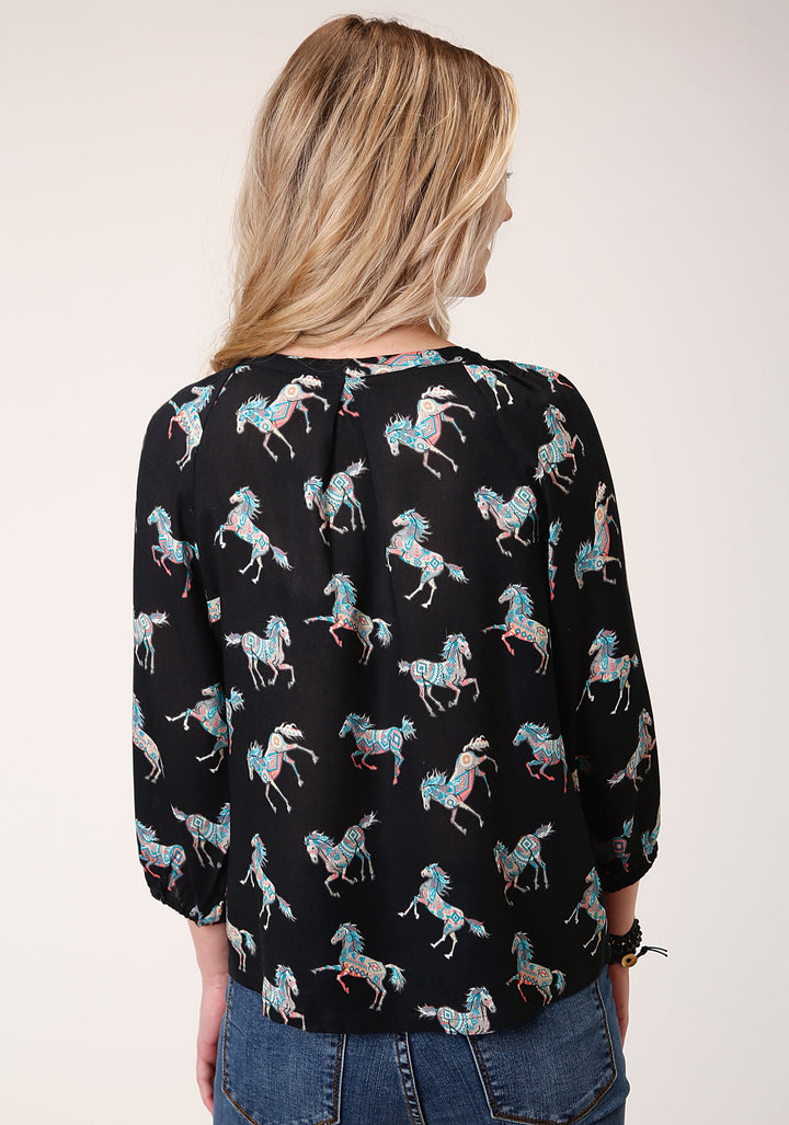 WOMENS LONG SLEEVE WILD HORSE PRINT RAYON LONG SLEEVE  BLOUSE
